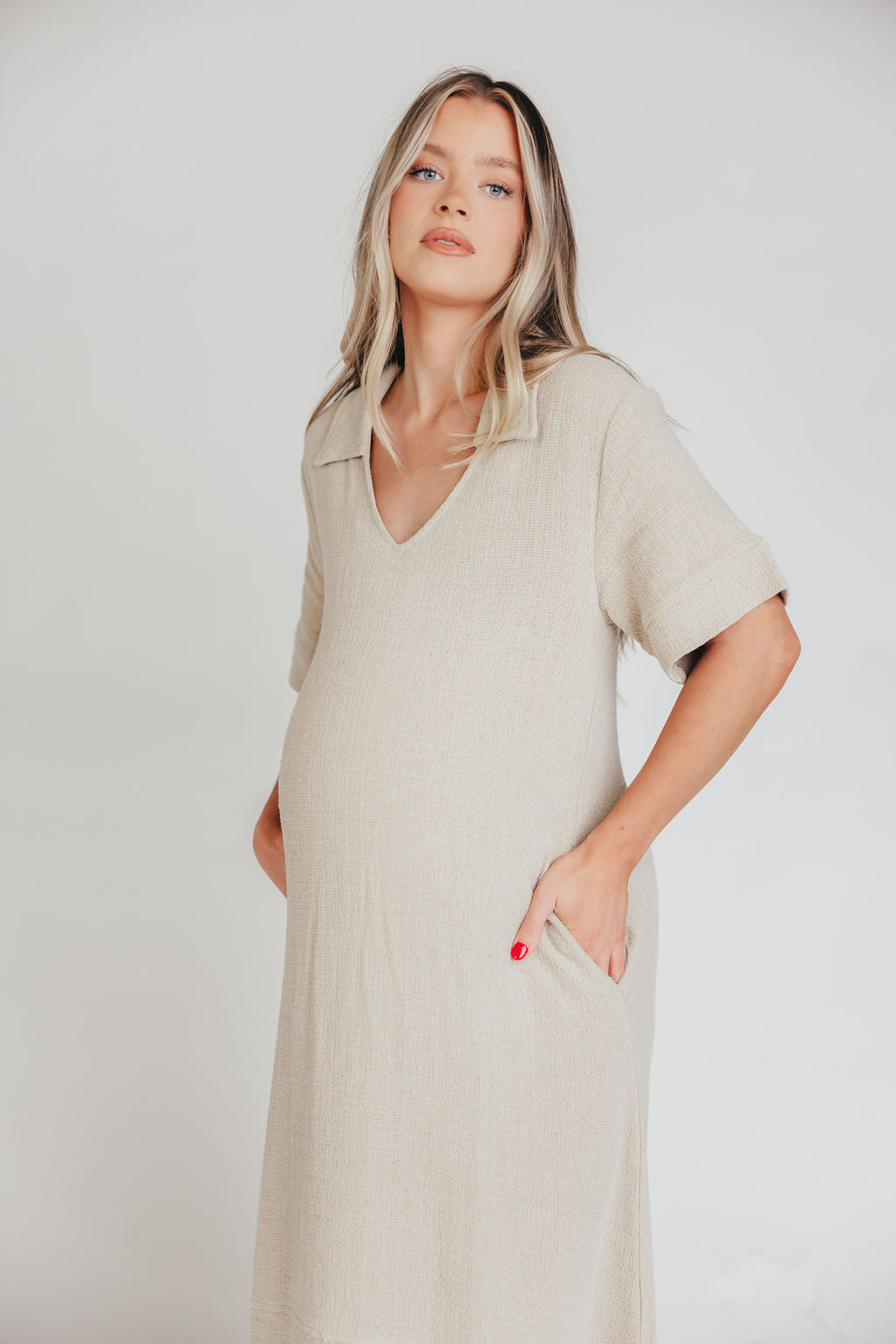 Fallon Linen-Blend Collared Midi Dress in Sand - Bump Friendly