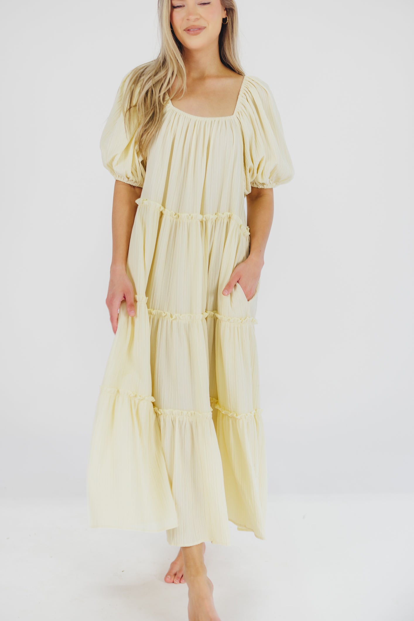 Eva Puffed Sleeve Maxi Dress in Pale Yellow - Bump Friendly & Inclusive Sizing (S-3XL)