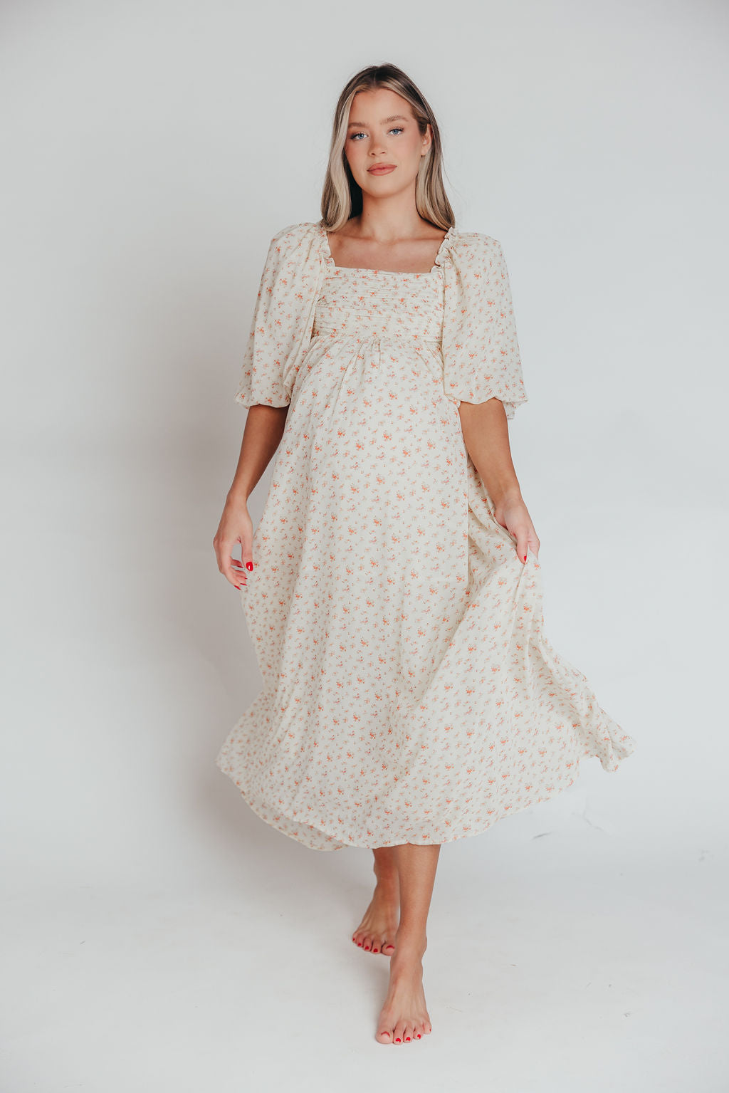 Melody Maxi Dress with Pleats and Bow Detail in Ivory Floral- Bump Friendly & Inclusive Sizing (S-3XL)  $30 OFF THIS WEEK