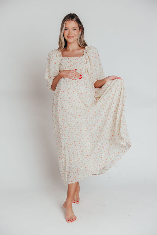 Melody Maxi Dress with Pleats and Bow Detail in Ivory Floral- Bump Friendly & Inclusive Sizing (S-3XL)  $30 OFF THIS WEEK