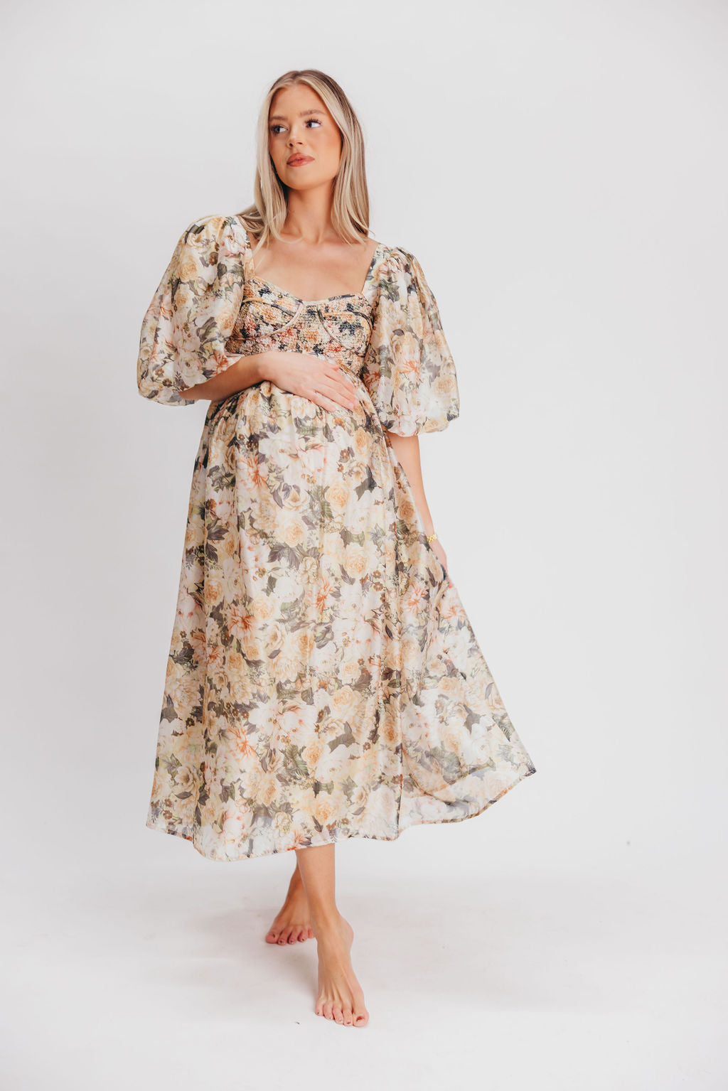 Harlow Maxi Dress in Champagne Floral - Bump Friendly & Inclusive Sizing (S-3XL)