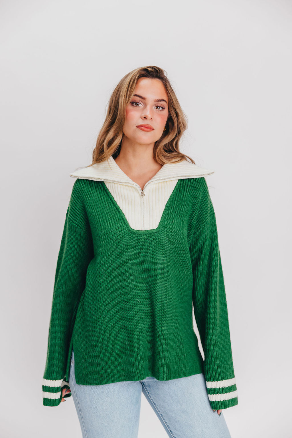 Old Money Pullover Sweater in Green/White Stripe