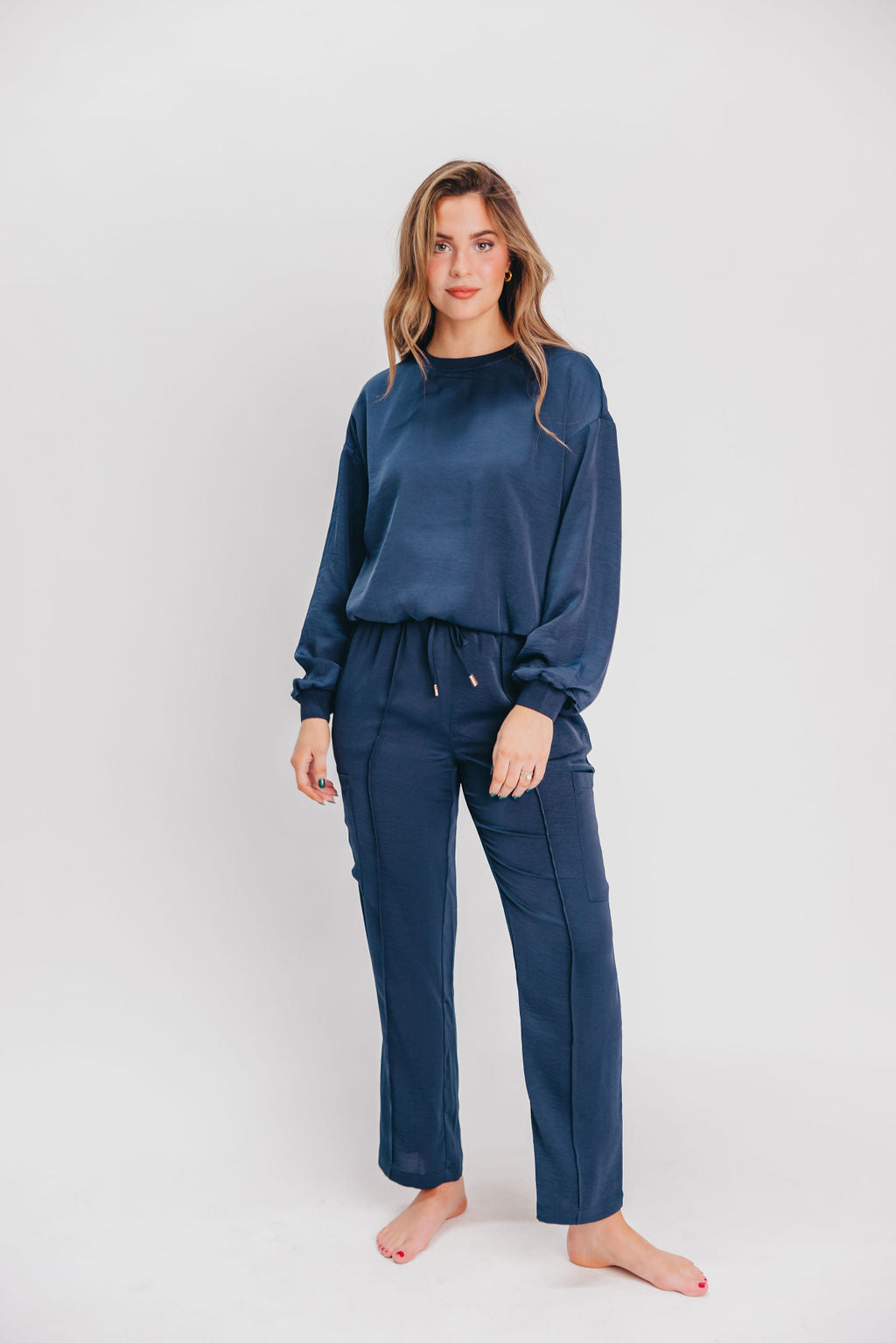 Sonny Silky Pintucked Cargo-Style Pants in Navy (top sold separately)