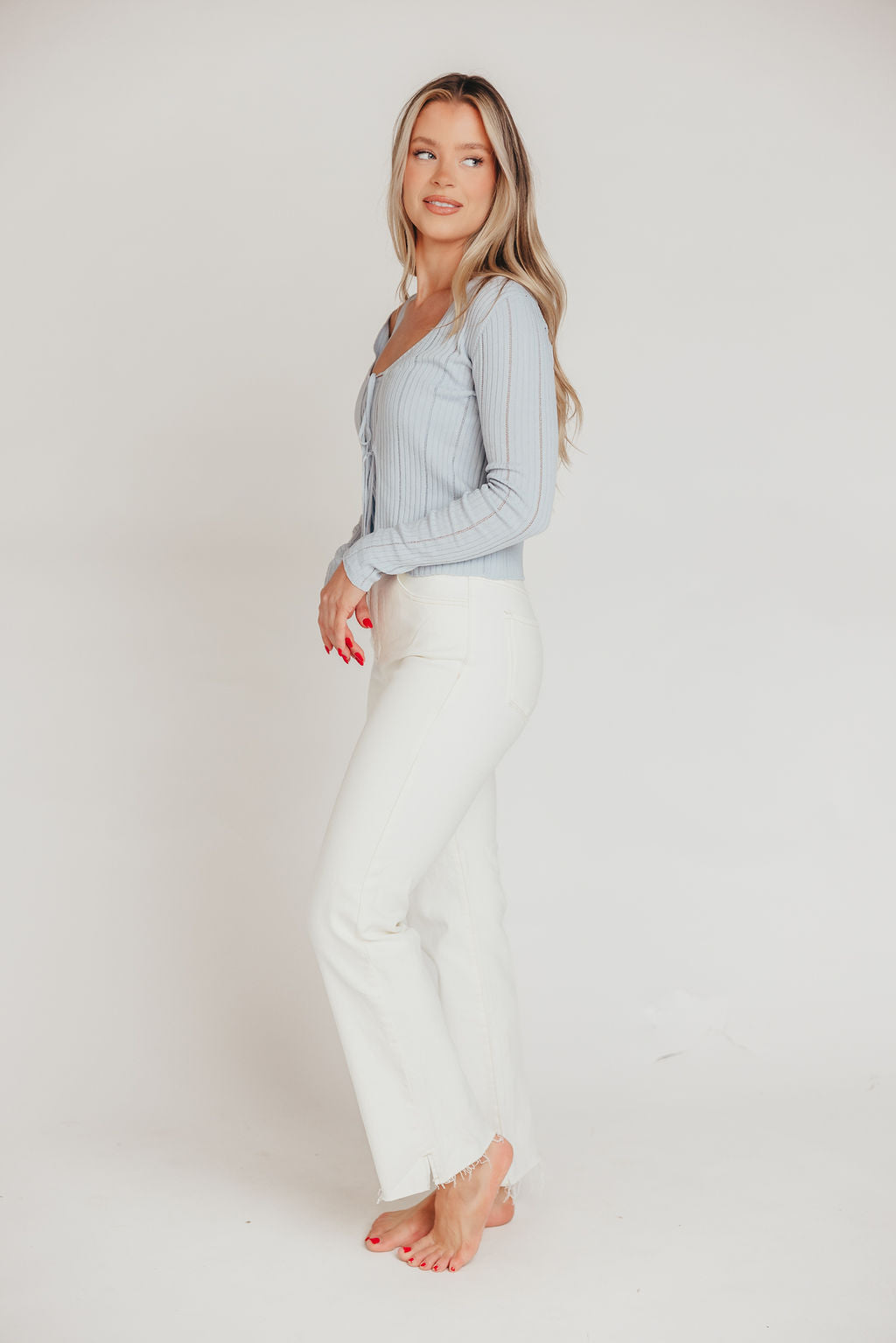 Audrey High Rise Straight Pants with Raw Hem and Tummy Control in White