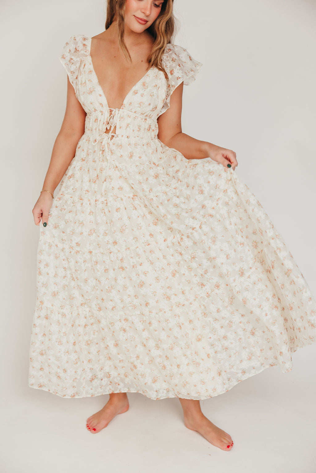 Enchanted Floral & Gingham Ruffled Maxi Dress in Cream/Peach
