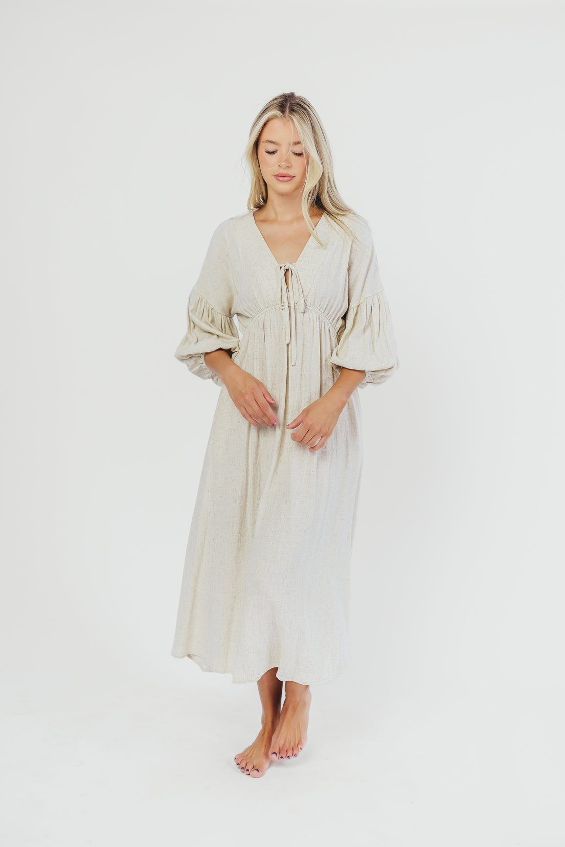 Hunter Linen-Blend Midi Dress in Greige - Bump Friendly and Inclusive Sizing