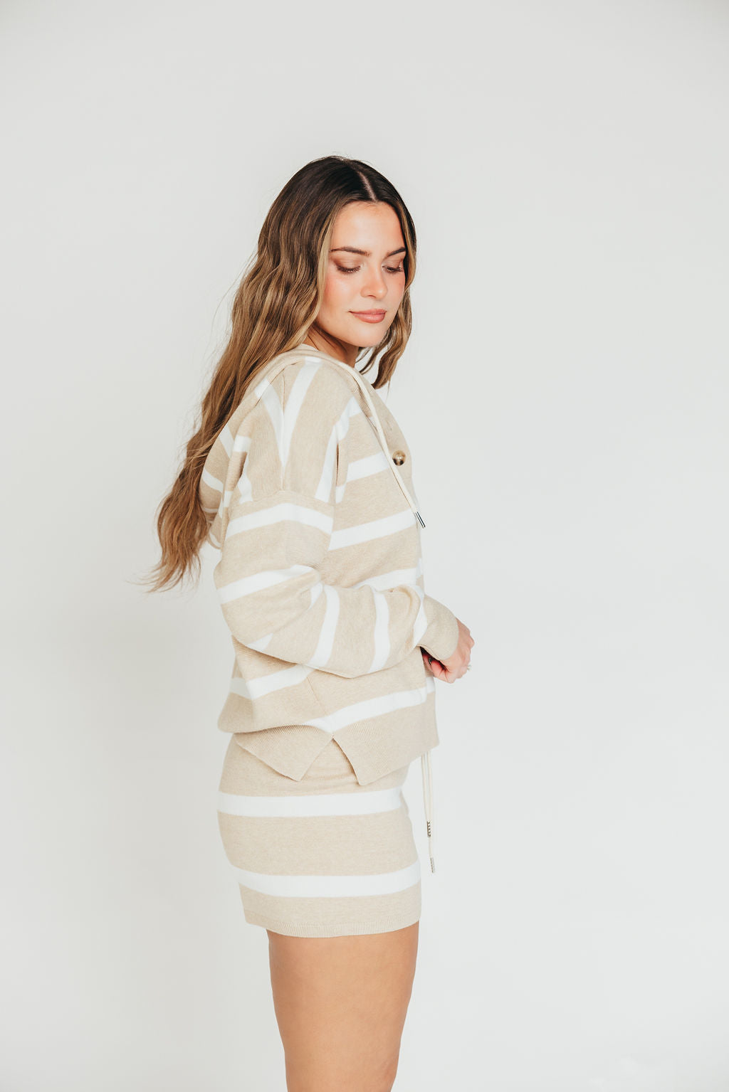 Brighton Pullover Top in White and Khaki Stripe