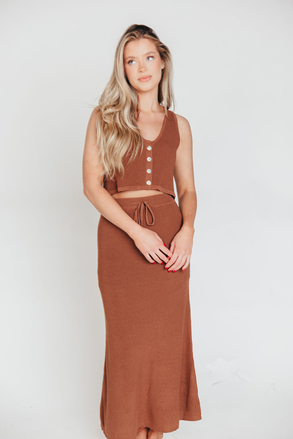 Sweet Peach Knit Vest and Maxi Skirt Set in Cocoa