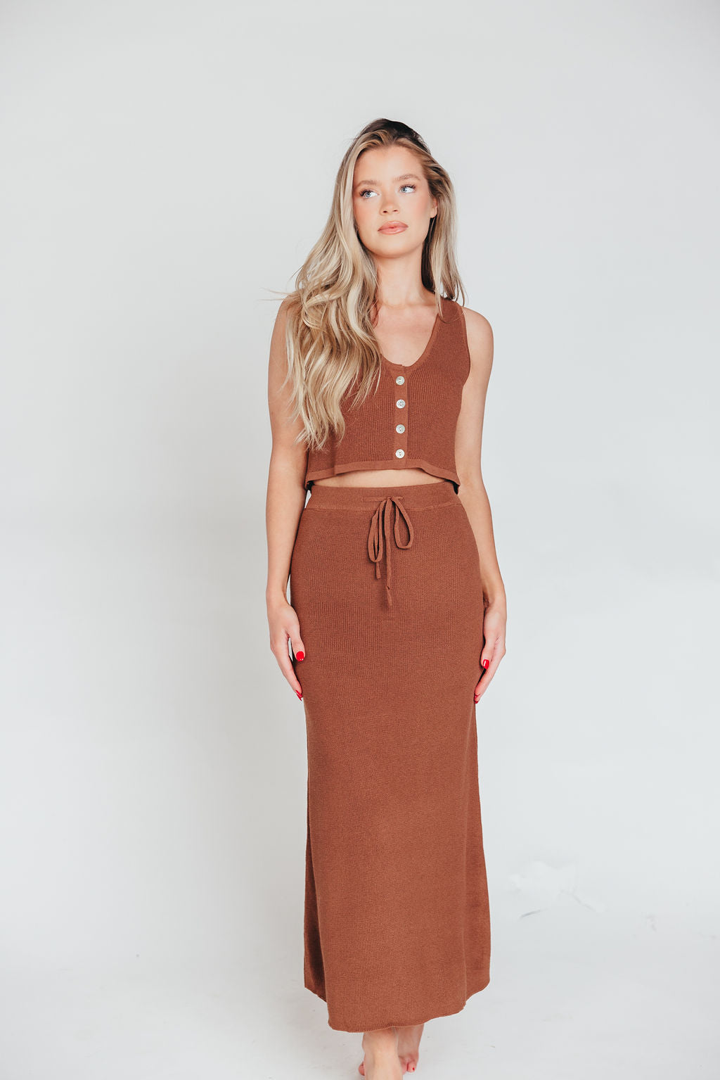 Sweet Peach Knit Vest and Maxi Skirt Set in Cocoa