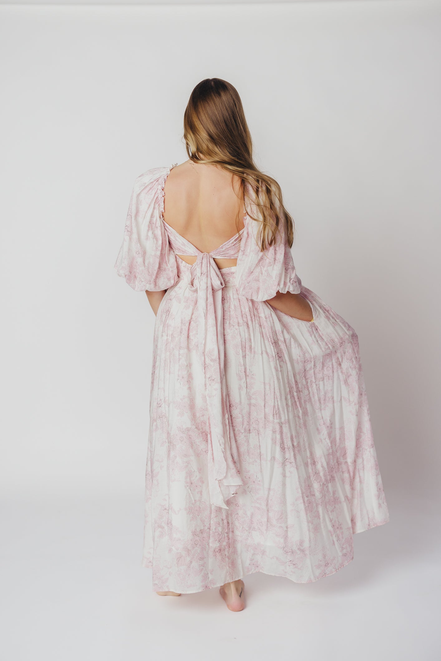 Melody Maxi Dress with Pleats and Bow Detail in Pink Toile - Bump Friendly & Inclusive Sizing (S-3XL)