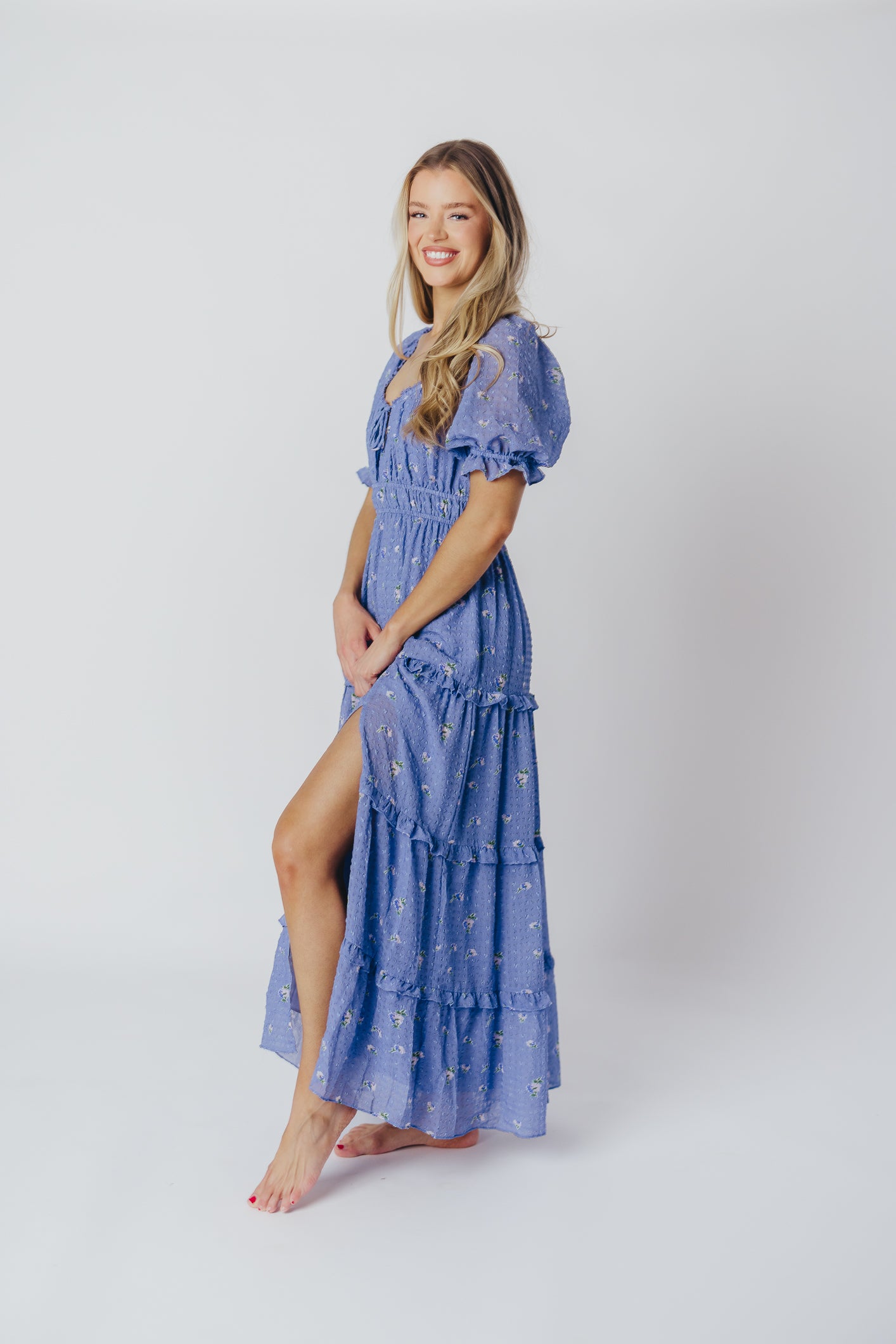 ASTR Kimmy Tiered Maxi Dress in Iris Blue Floral