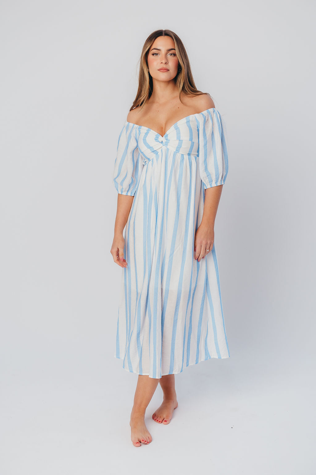 Clara Puffed Sleeve Midi Dress with Twisted Bodice in Cloud