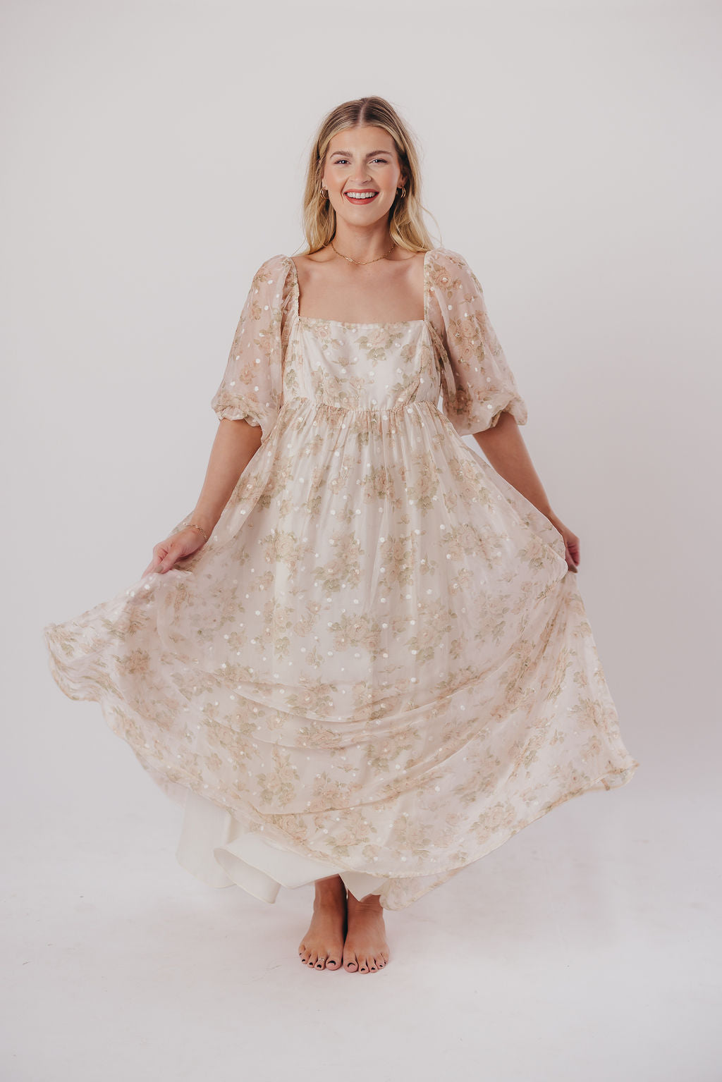 Mona Maxi Dress with Smocking in Cream Floral - Bump Friendly & Inclusive Sizing (S-3XL)