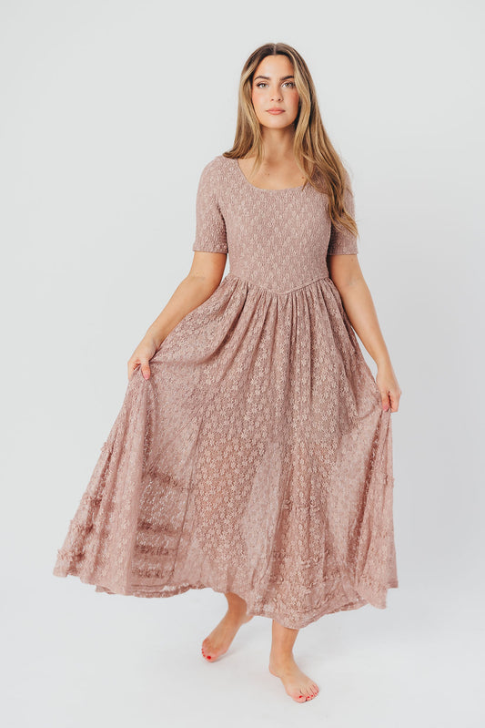 Calliope Dropped Waist Maxi Dress with Smocking & Lace in Mushroom