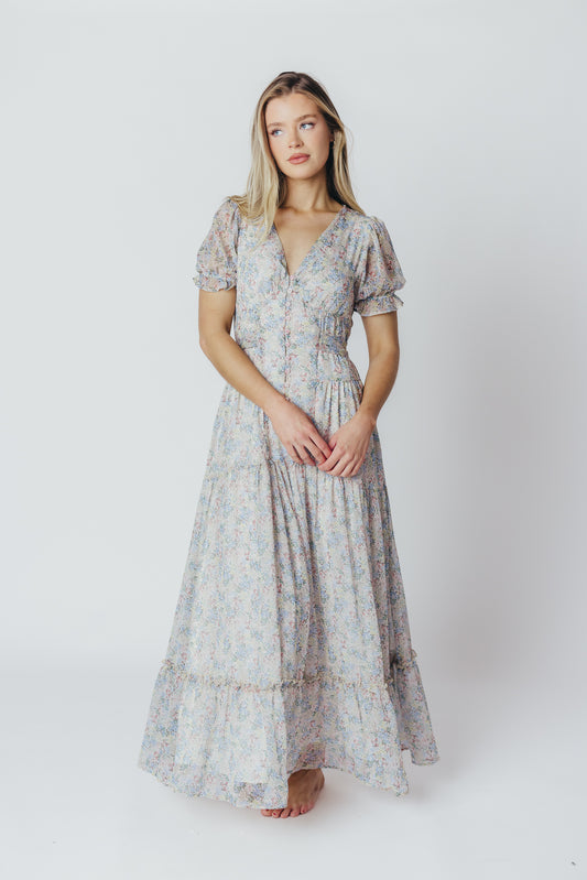 Jacqueline V-Neck Maxi Dress in Blue Floral Multi