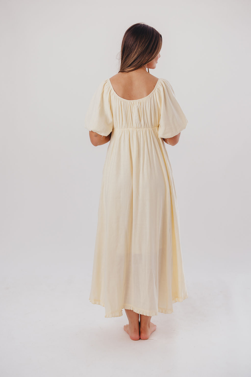 Chesley Puffed Sleeve Maxi Dress with Front Tie Detail in Natural