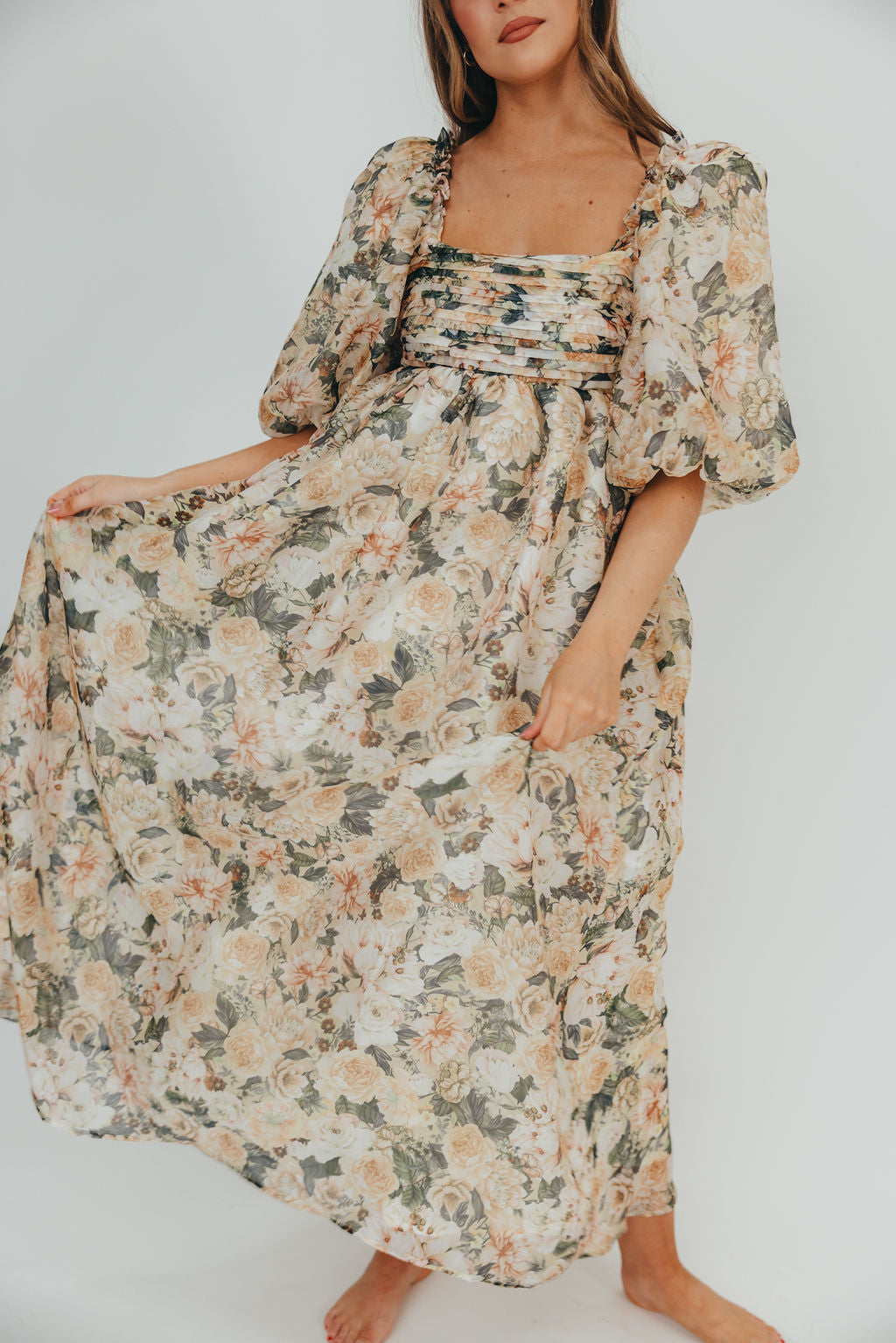 Melody Maxi Dress with Pleats and Bow Detail in Champagne Floral - Bump Friendly & Inclusive Sizing (S-3XL)