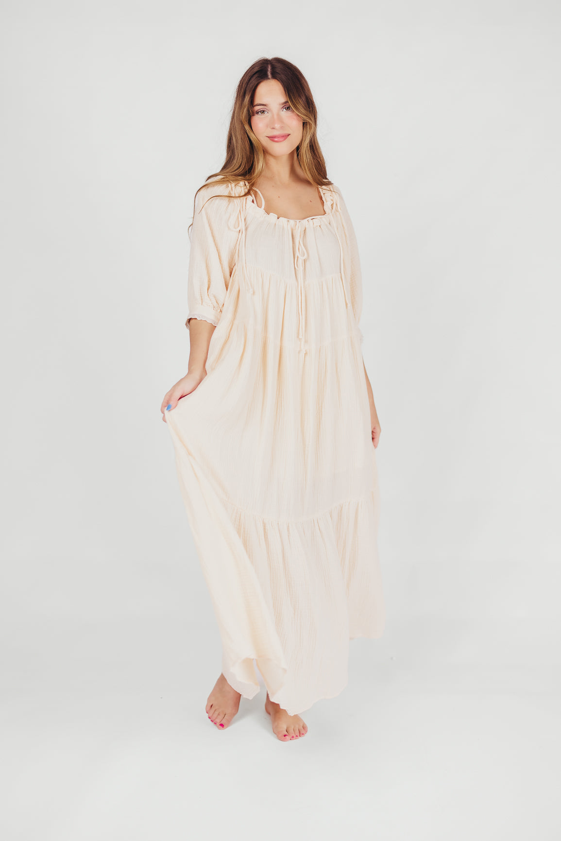 Goddess 100% Cotton Babydoll Maxi Dress in Blush - Bump Friendly