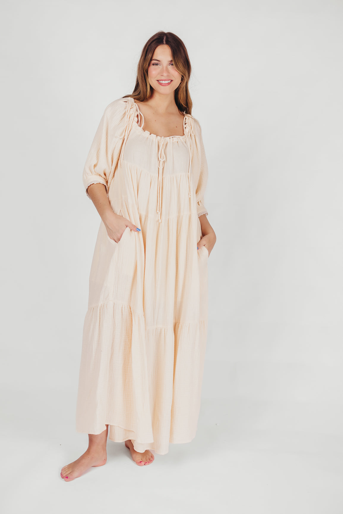 Goddess 100% Cotton Babydoll Maxi Dress in Blush - Bump Friendly