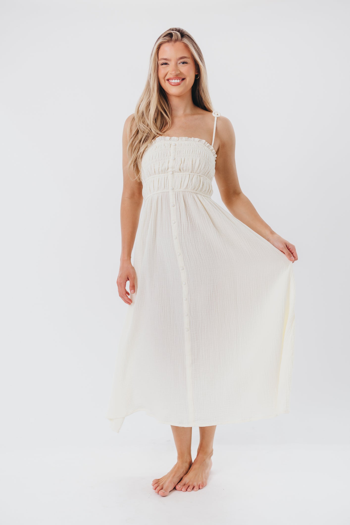 Melanie Button-Down Midi Dress in Cream