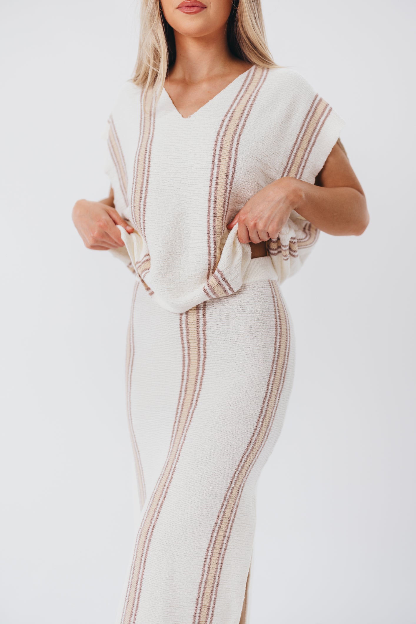 Marjorie Knit V-Neck and Midi Skirt Set in Ivory/Taupe Stripe