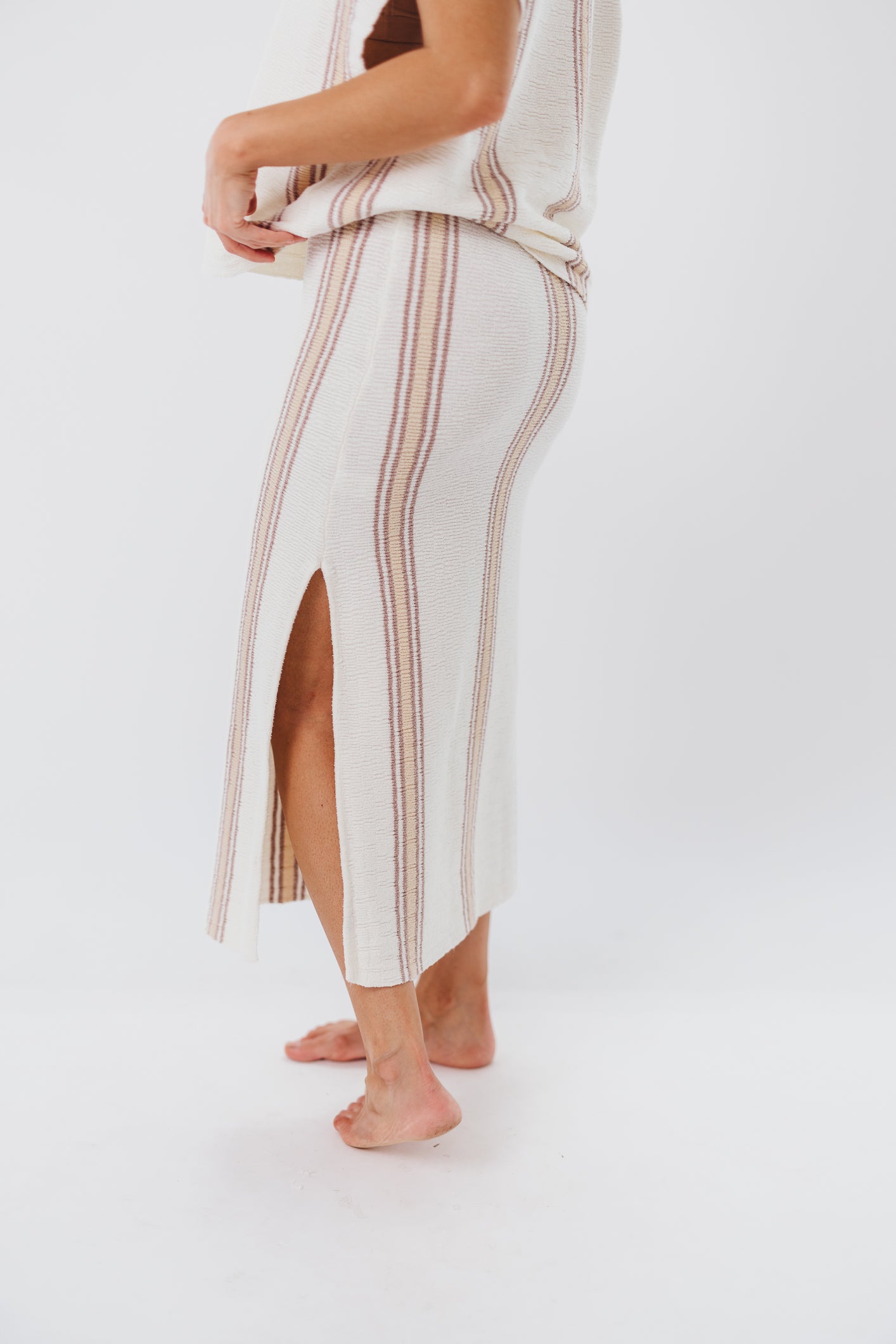Marjorie Knit V-Neck and Midi Skirt Set in Ivory/Taupe Stripe