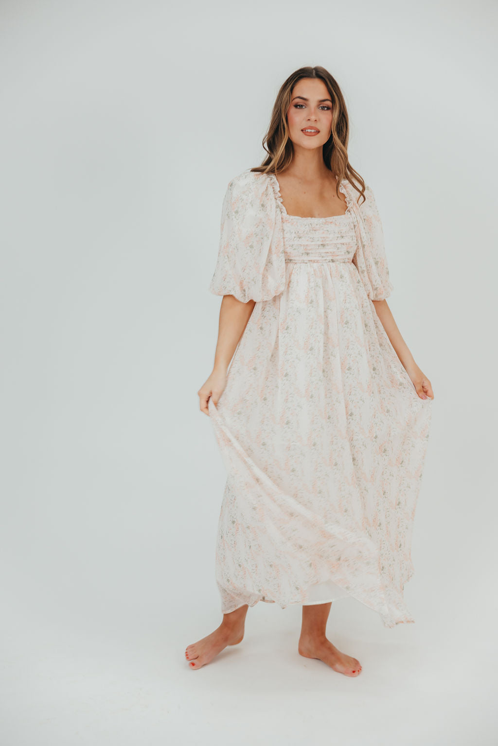 Melody Maxi Dress with Pleats and Bow Detail in Blush Floral - Bump Friendly & Inclusive Sizing (S-3XL)