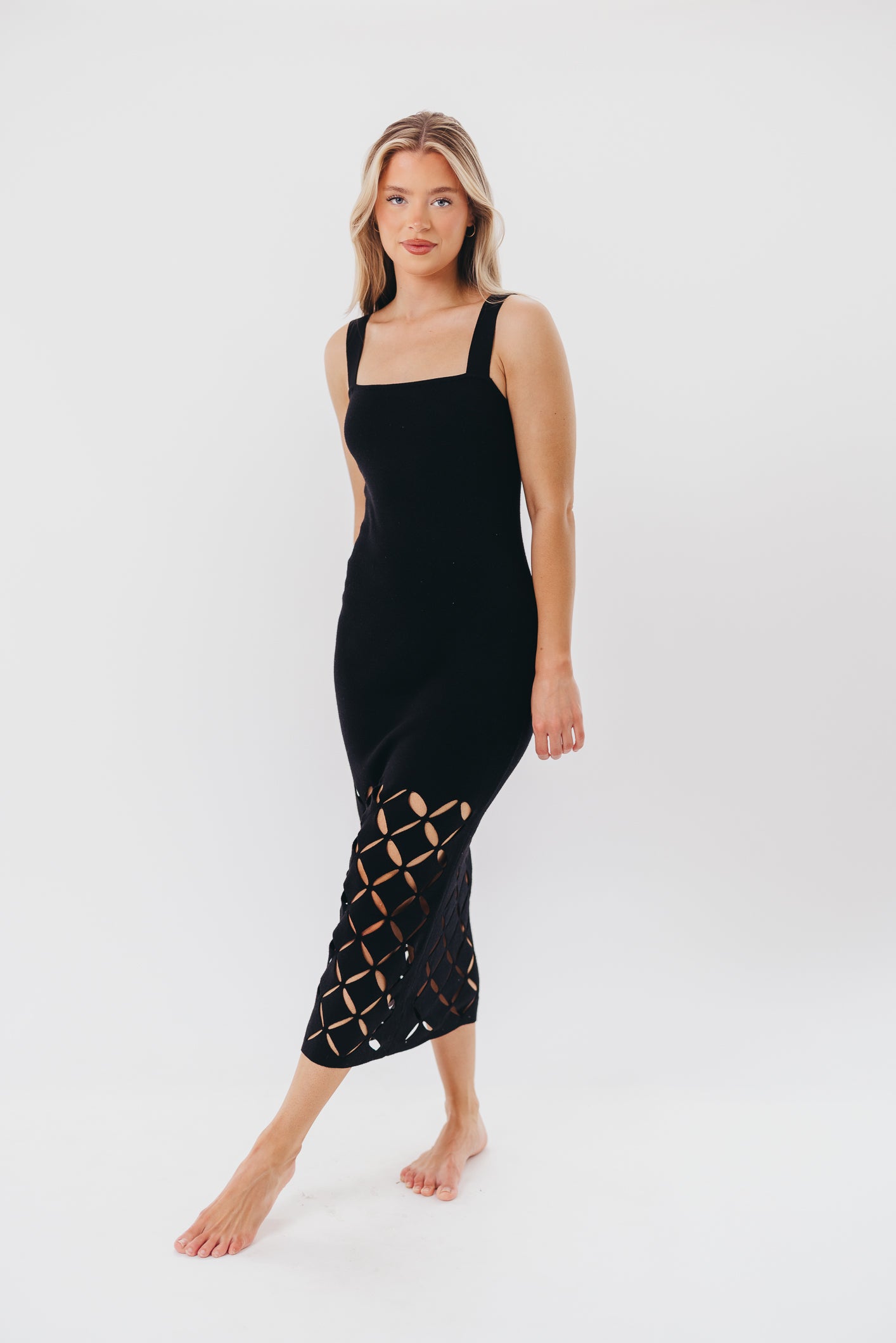 Sofia Knit Maxi Dress with Square Neckline and Cut-Out Detail in Black