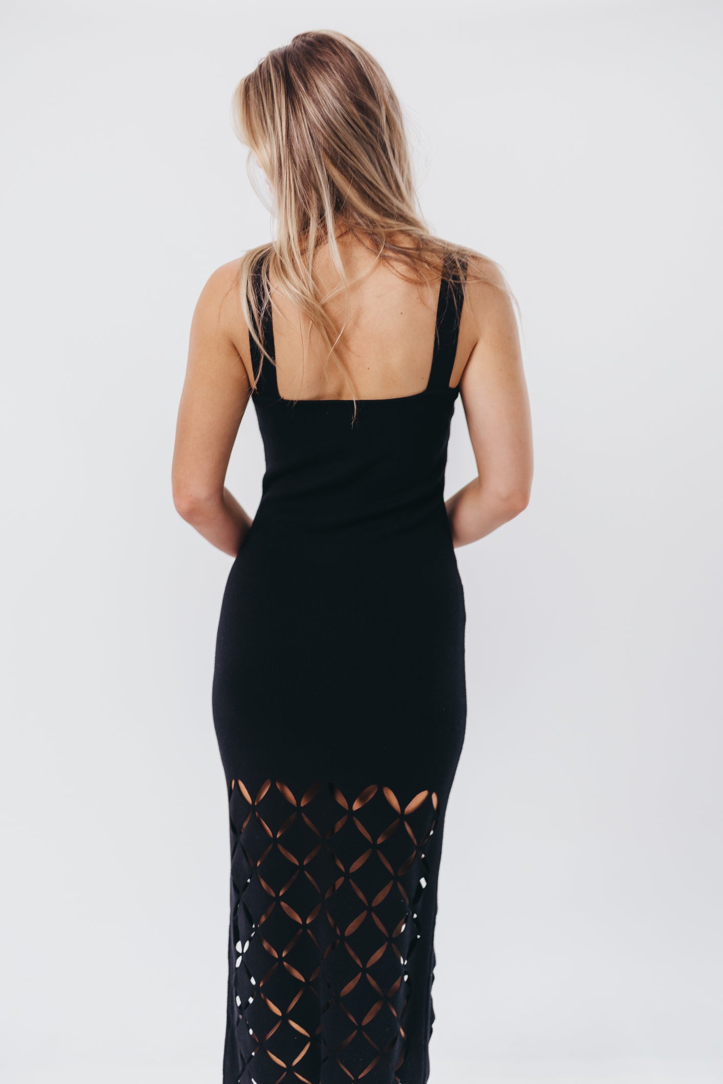 Sofia Knit Maxi Dress with Square Neckline and Cut-Out Detail in Black