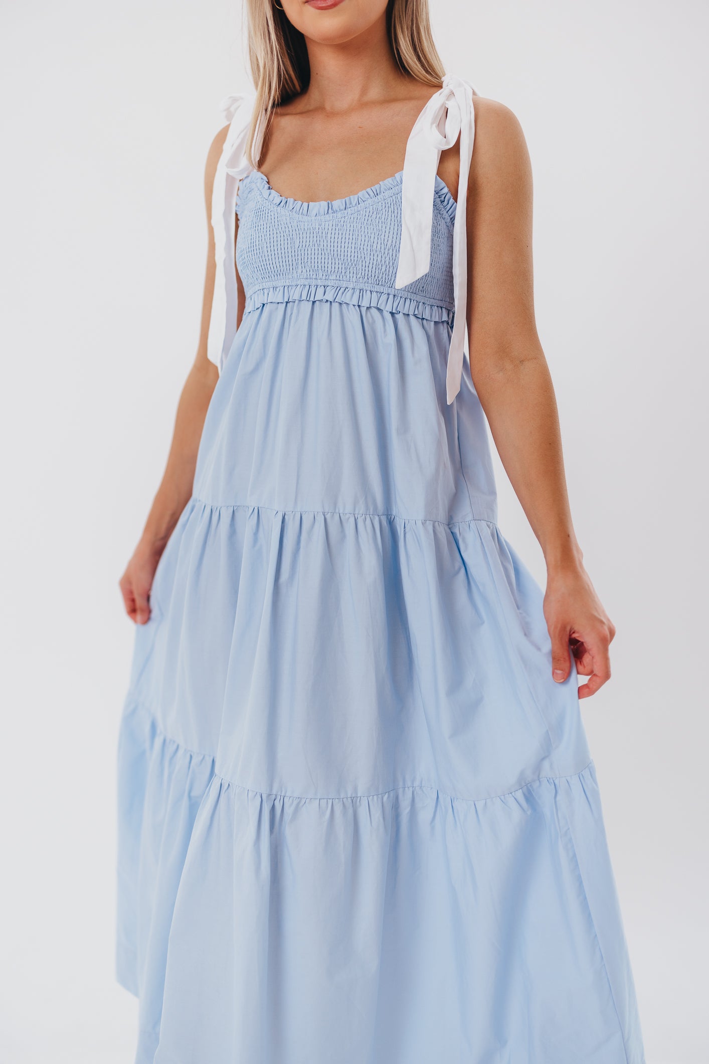 Amber Smocked Maxi Dress with Shoulder Tie in Chambray/Ivory