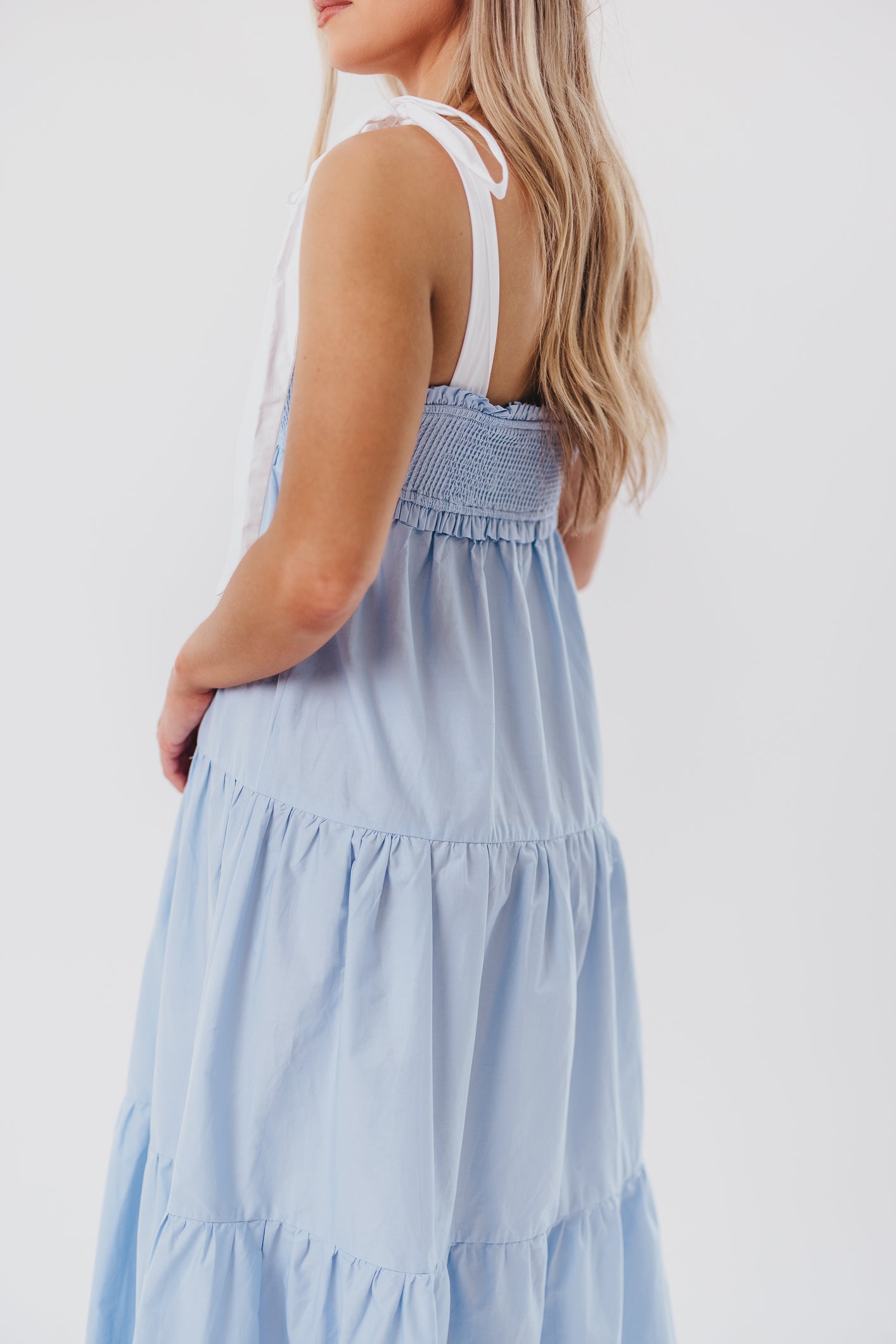 Amber Smocked Maxi Dress with Shoulder Tie in Chambray/Ivory