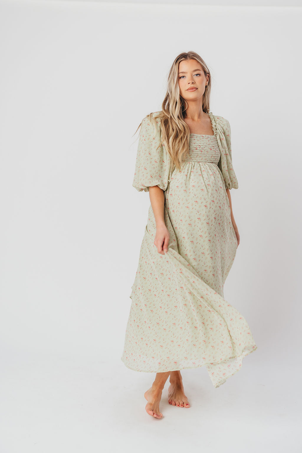 Melody Maxi Dress with Pleats and Bow Detail in Mint Floral - Bump Friendly & Inclusive Sizing (S-3XL) $30 OFF THIS WEEK