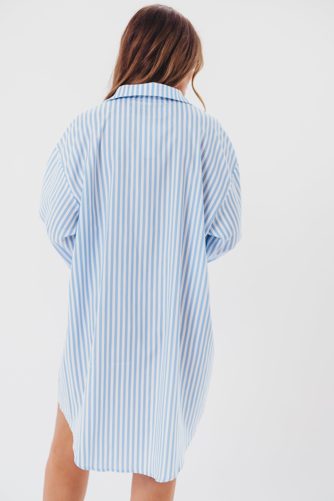 Bellamie Oversized Button-Up Shirt Dress in Sky Blue Stripe - Nursing Friendly