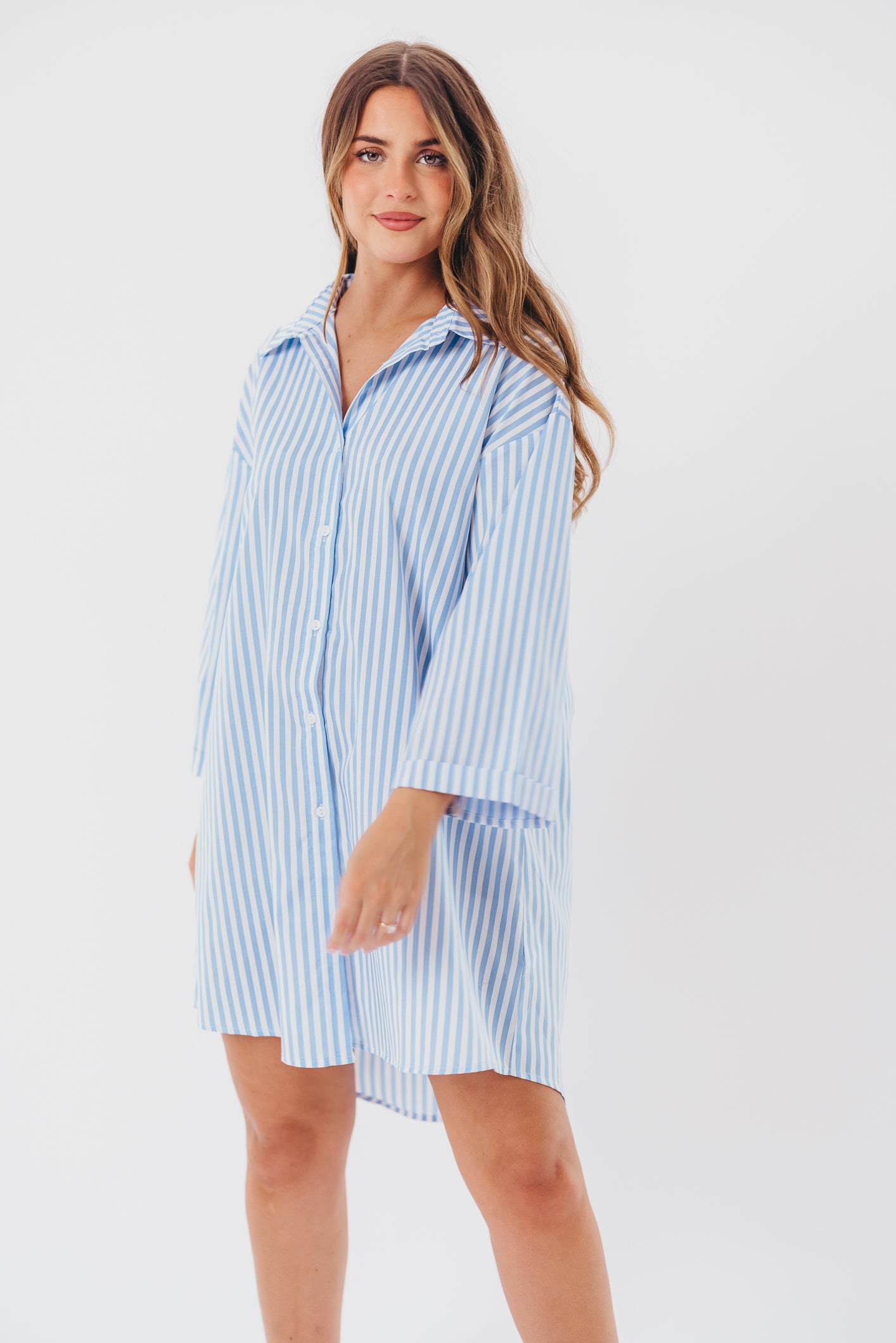 Bellamie Oversized Button-Up Shirt Dress in Sky Blue Stripe - Nursing Friendly