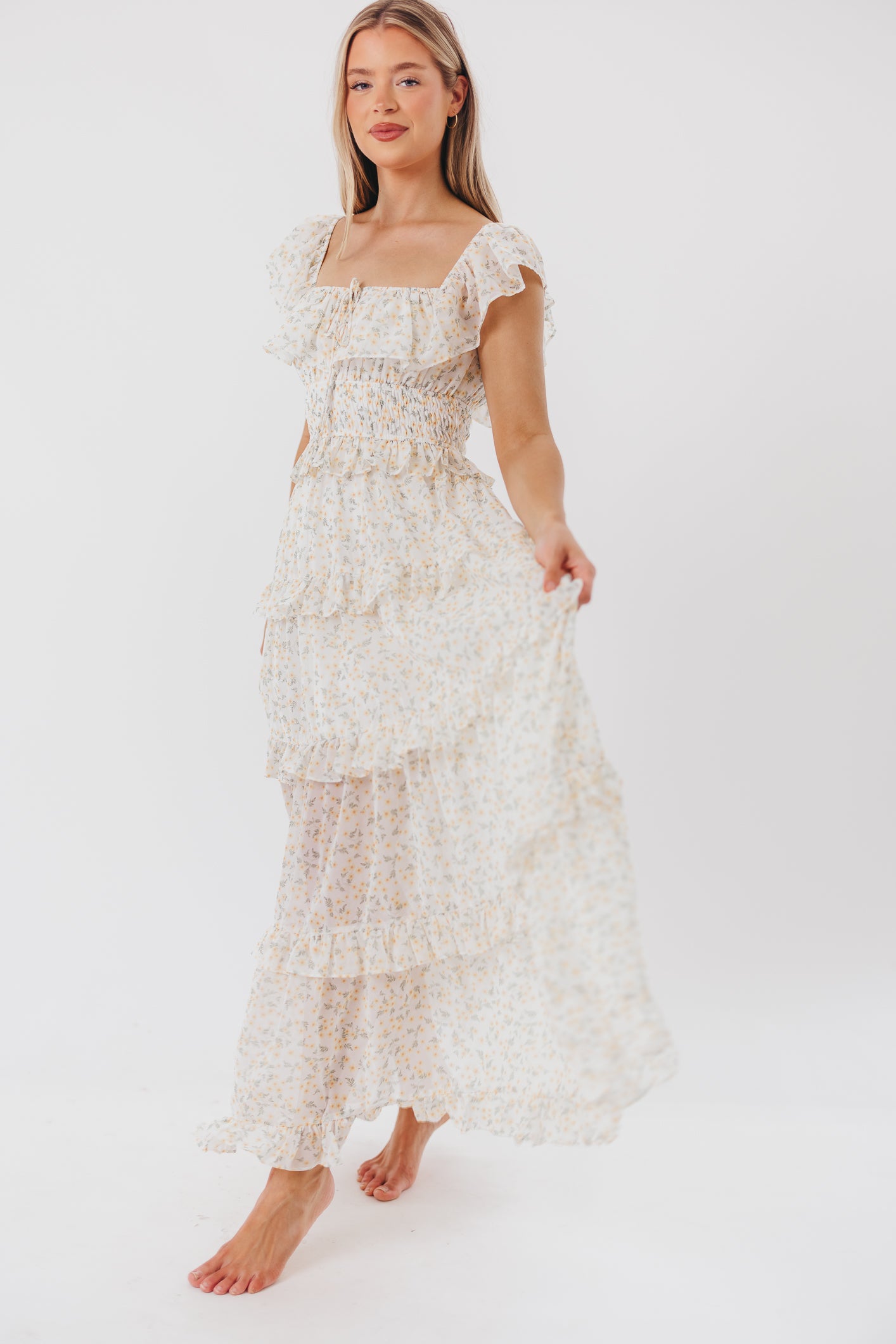 Astrid Ruffle Detail Maxi Dress in Yellow Floral  - Bump Friendly