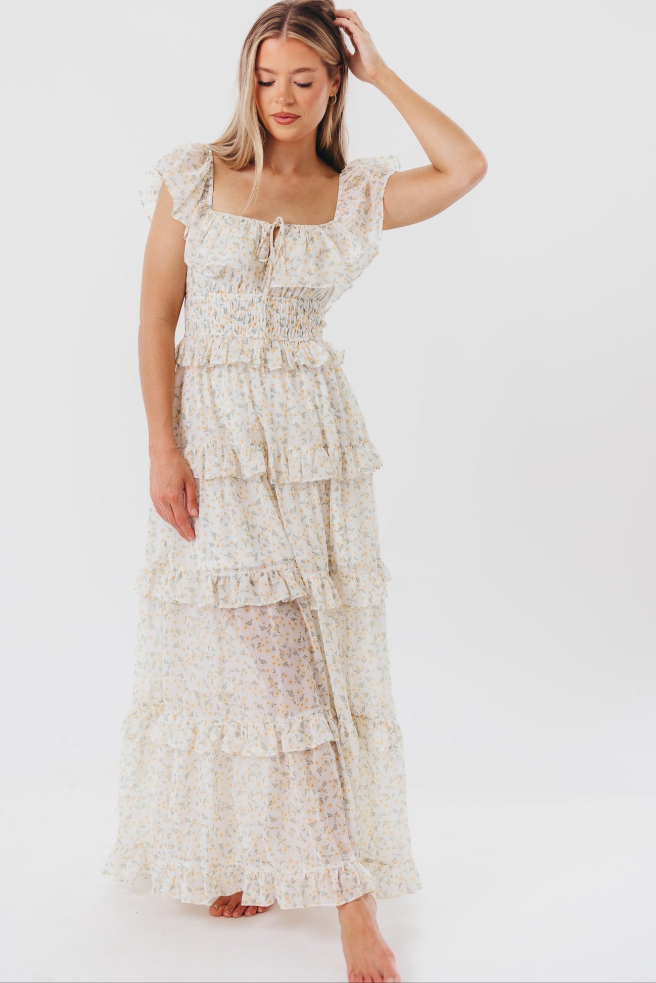 Astrid Ruffle Detail Maxi Dress in Yellow Floral  - Bump Friendly