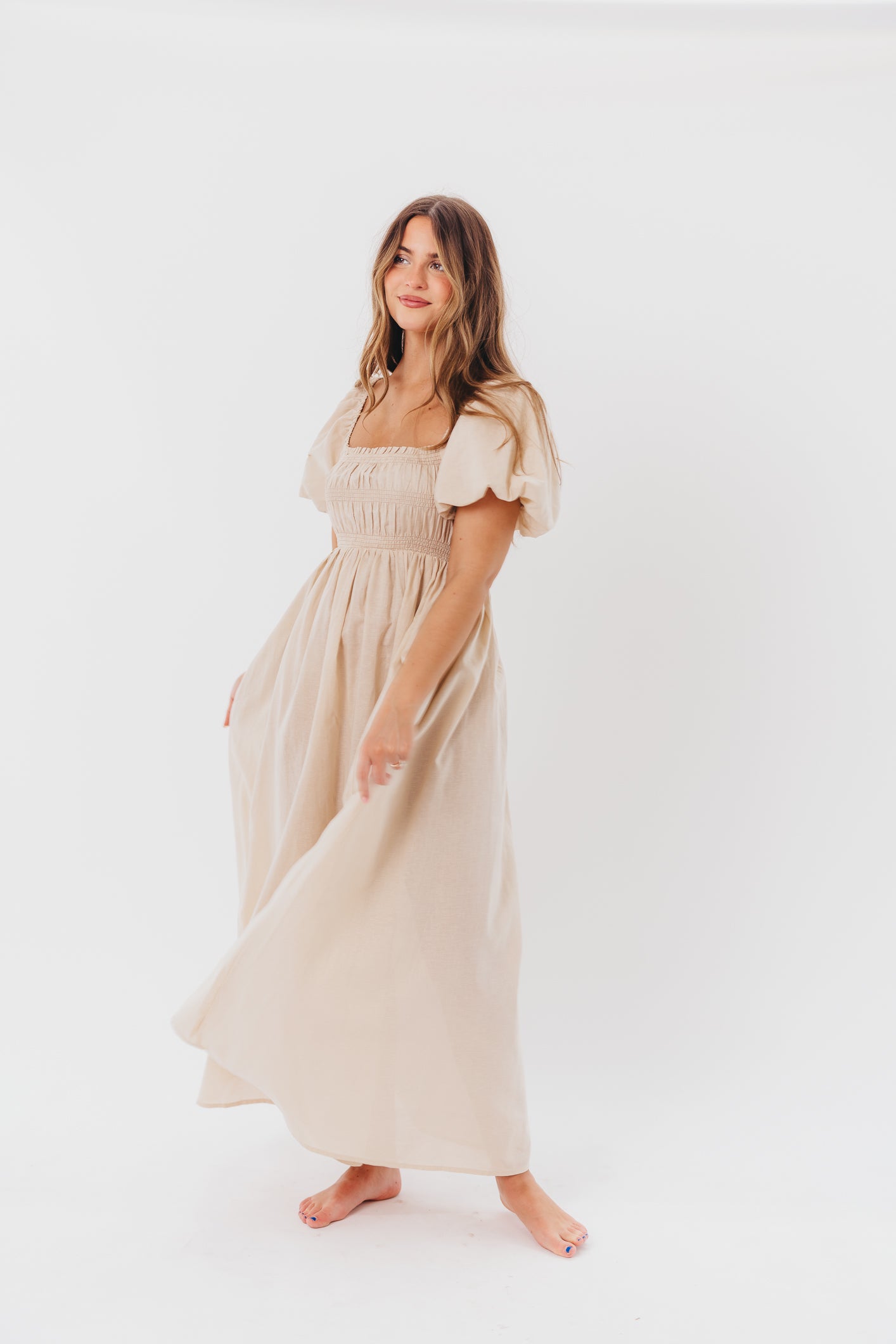 Nan Smocked Maxi Dress with Puffed Sleeves in Light Taupe