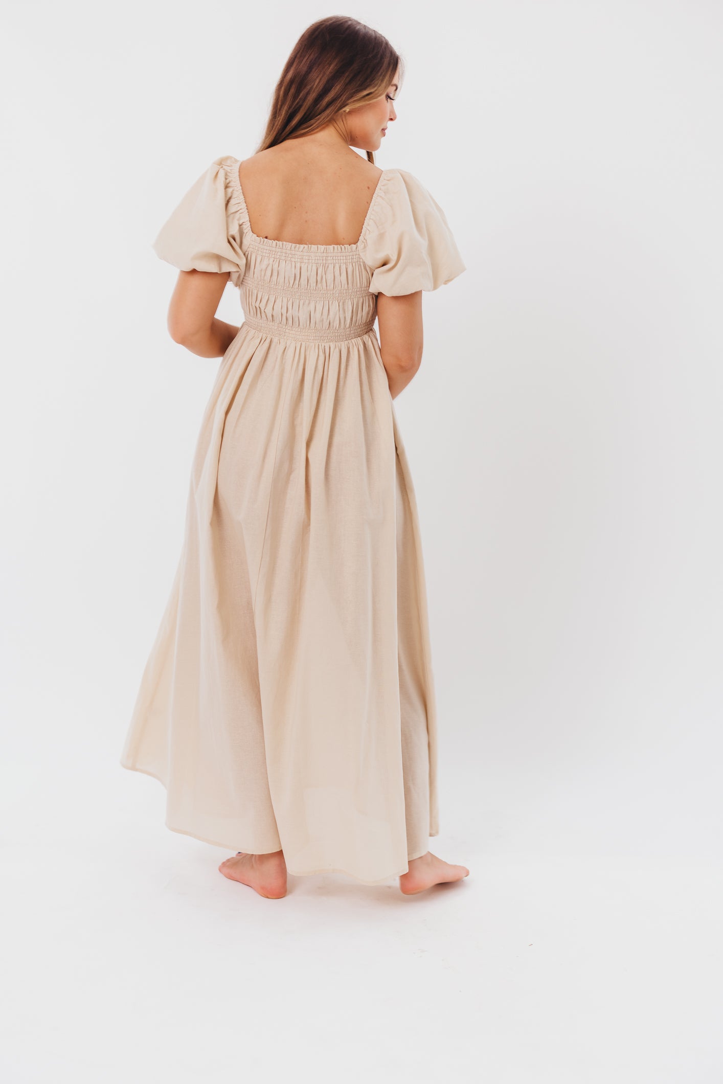 Nan Smocked Maxi Dress with Puffed Sleeves in Light Taupe
