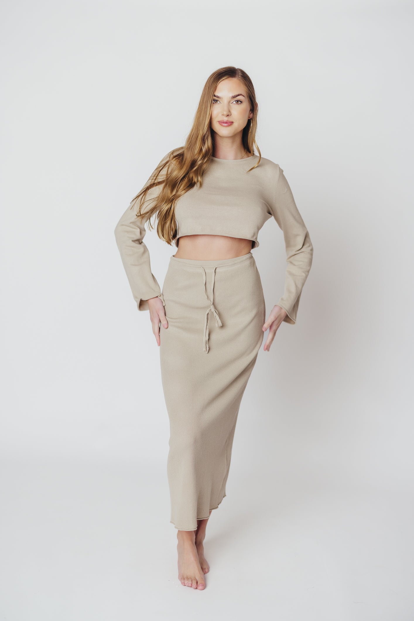 Jenny Knit Maxi Skirt and Boat Neck Top Set in Sand