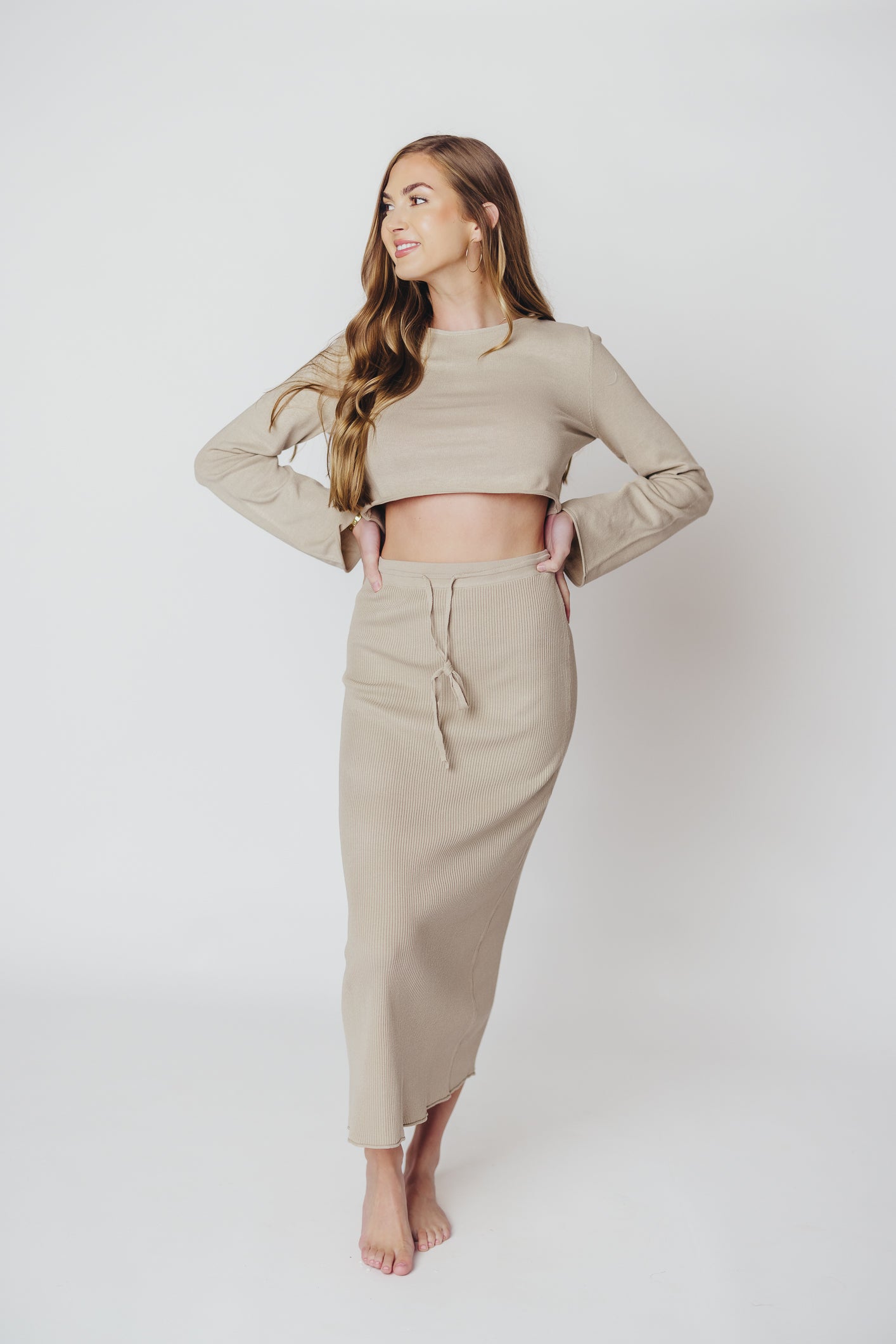 Jenny Knit Maxi Skirt and Boat Neck Top Set in Sand