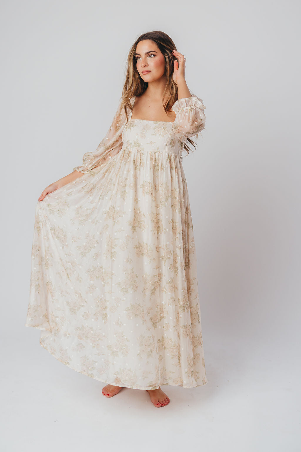 Mona Maxi Dress with Smocking in Cream Floral - Bump Friendly & Inclusive Sizing (S-3XL) - Restocking In Feb