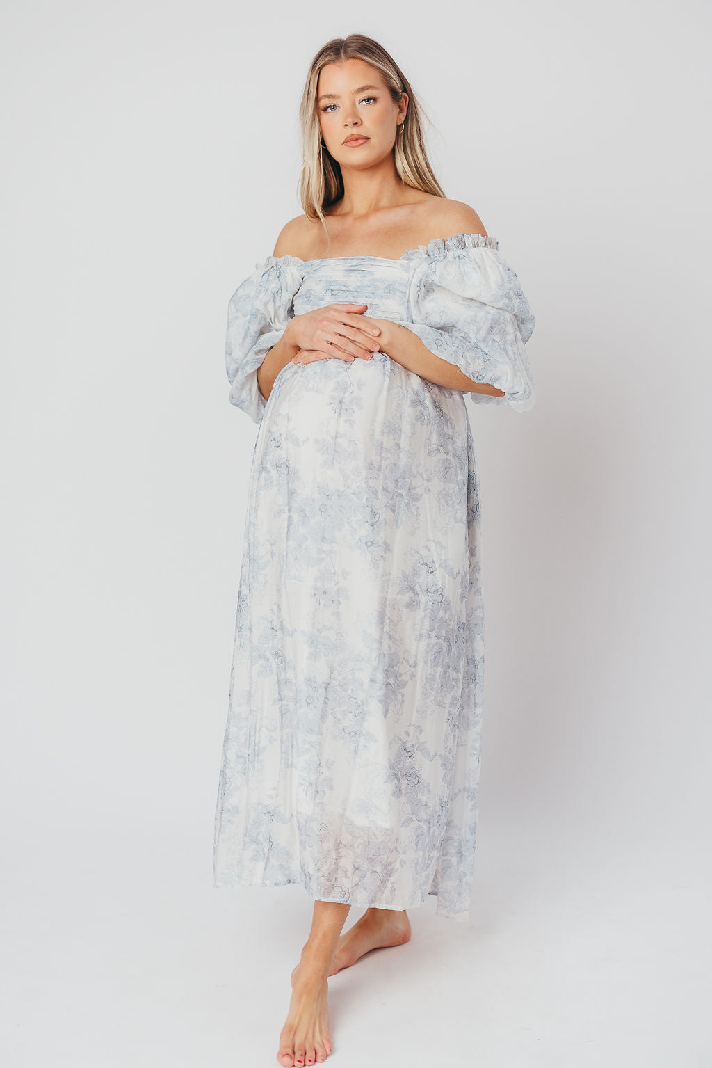 Melody Maxi Dress with Pleats and Bow Detail in Blue Floral - Bump Friendly (swipe to see photos)  & Inclusive Sizing (S-3XL)