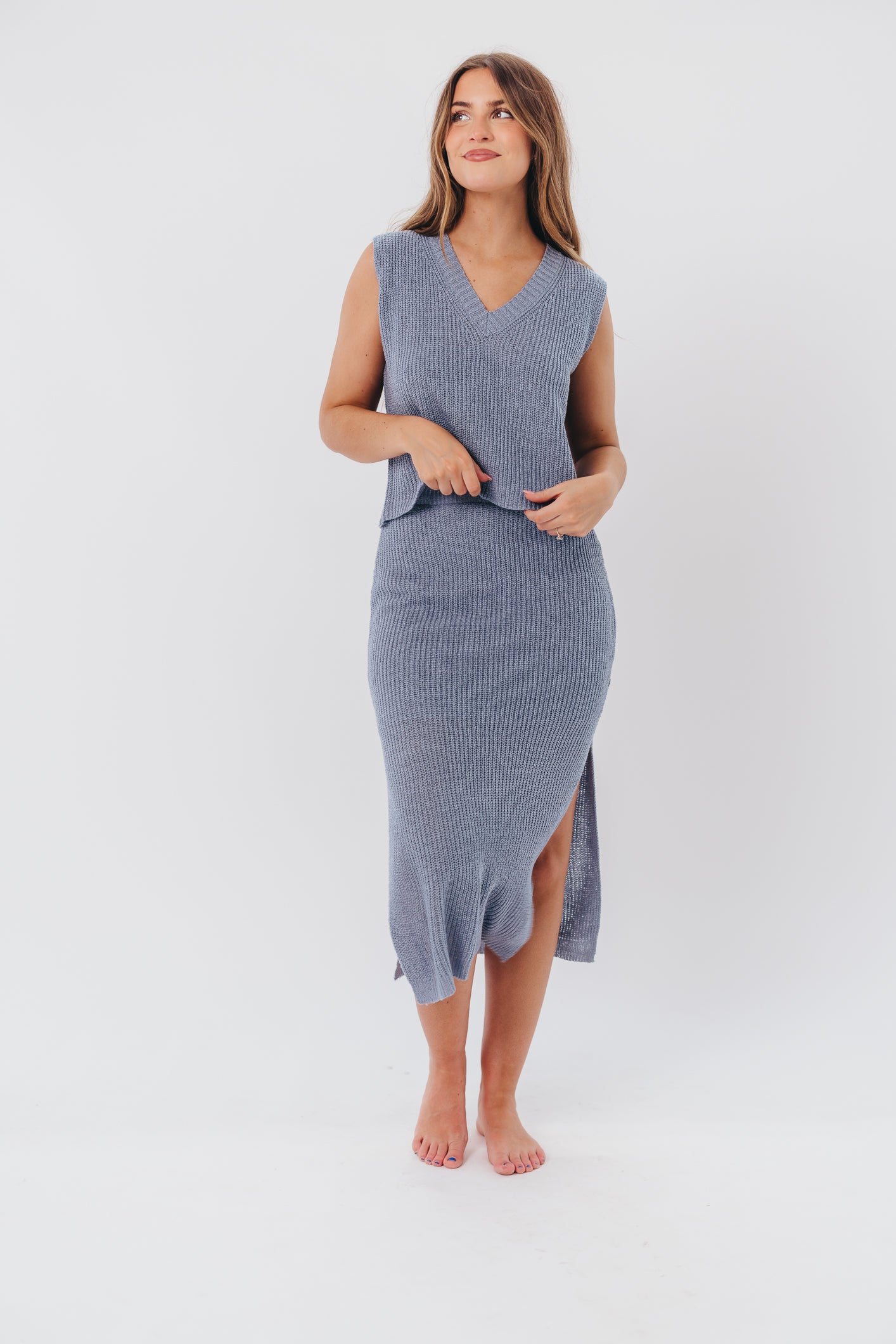 Hits Different Knitted Vest and Midi Skirt Set in Blue