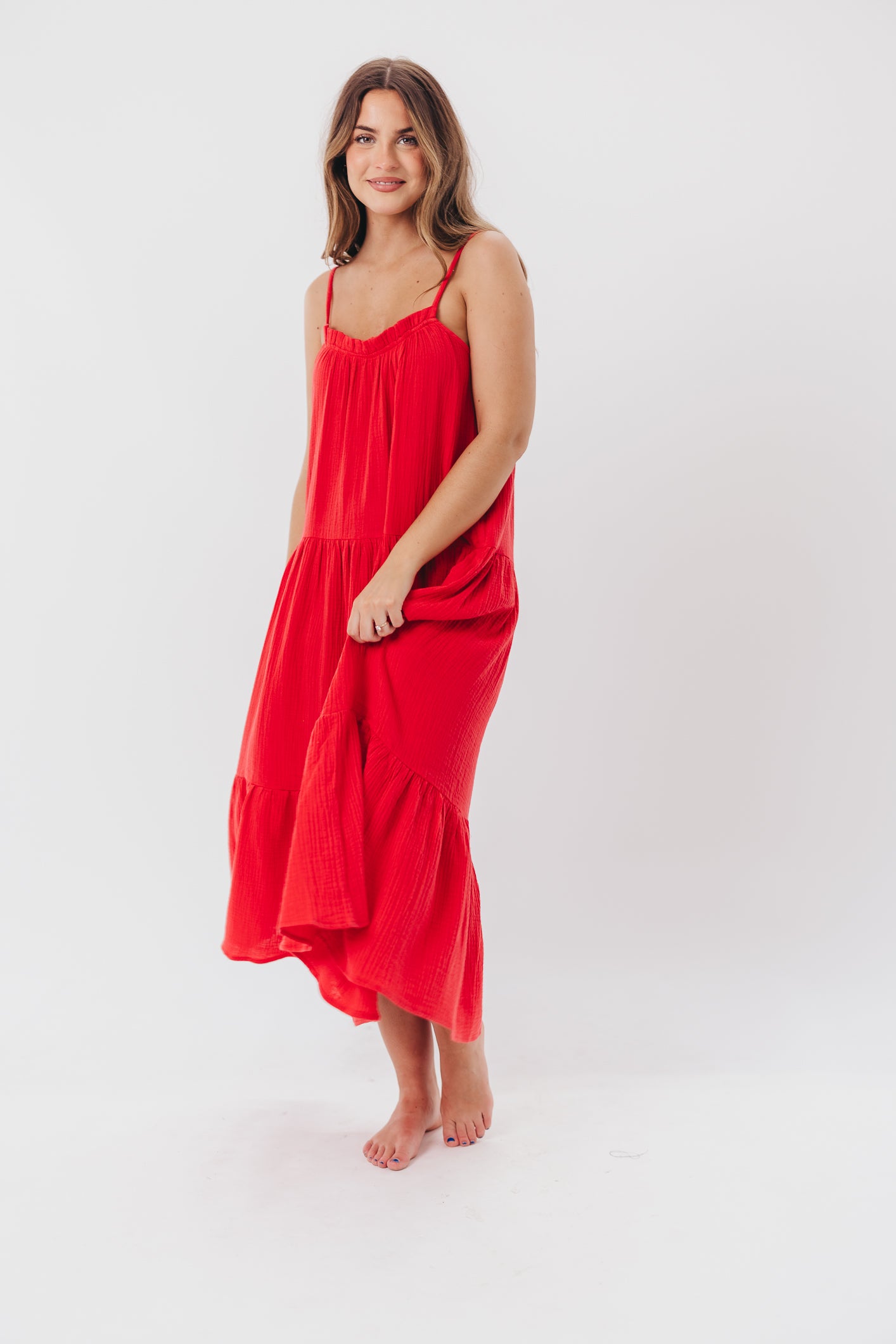 Arabella Gauze Maxi Dress with Tiered Skirt in Red - Bump Friendly