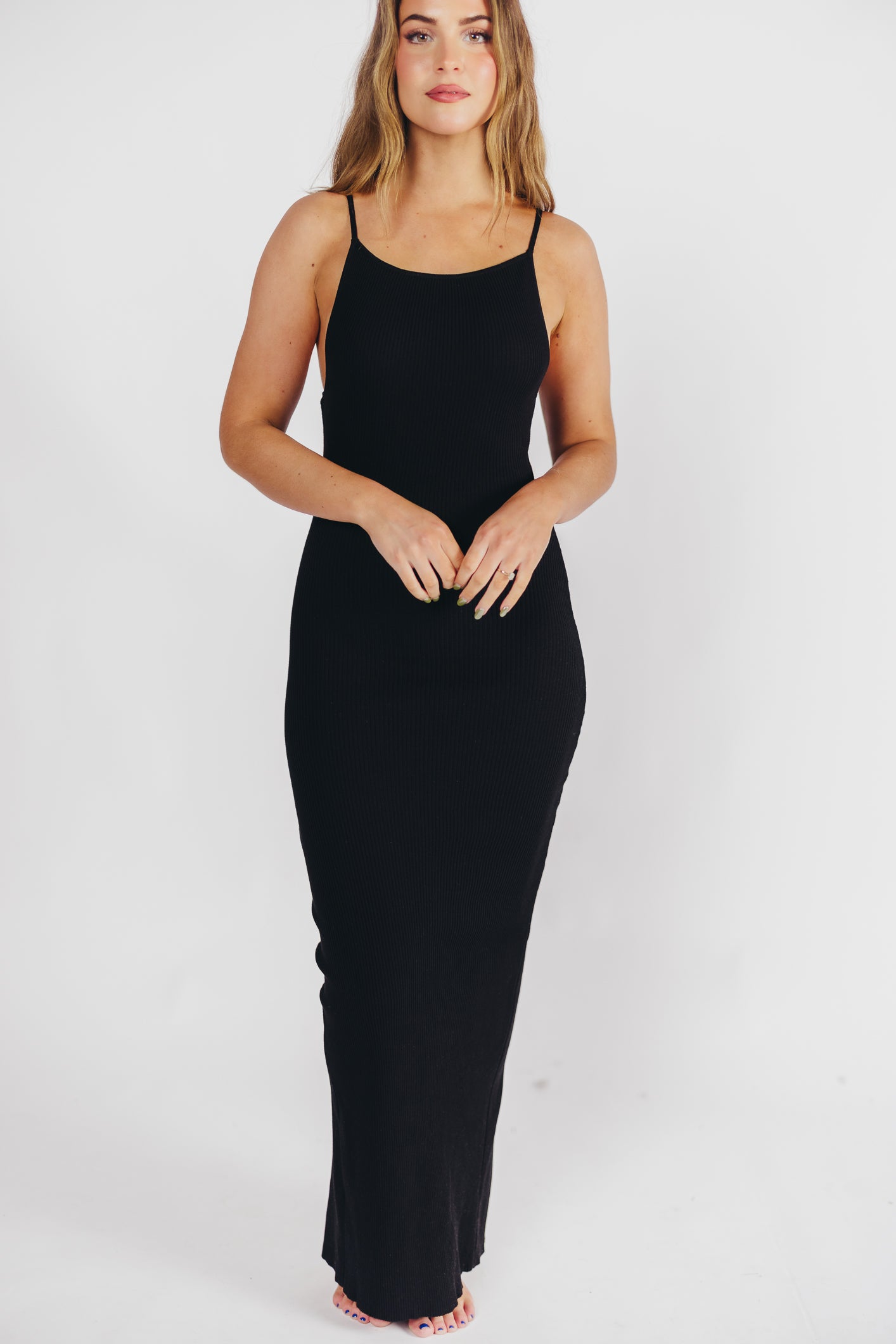 Mia Knit Maxi Dress with Boatneck Neckline in Black