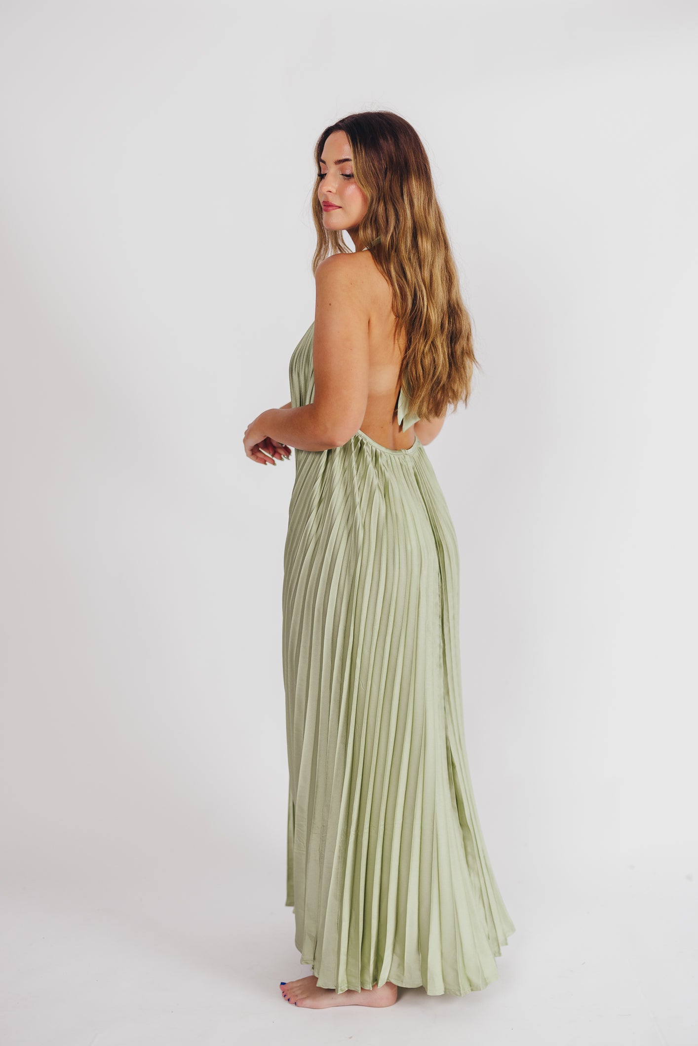 Maren Pleated Halter Maxi Dress in Sage - Bump Friendly (S-XL)