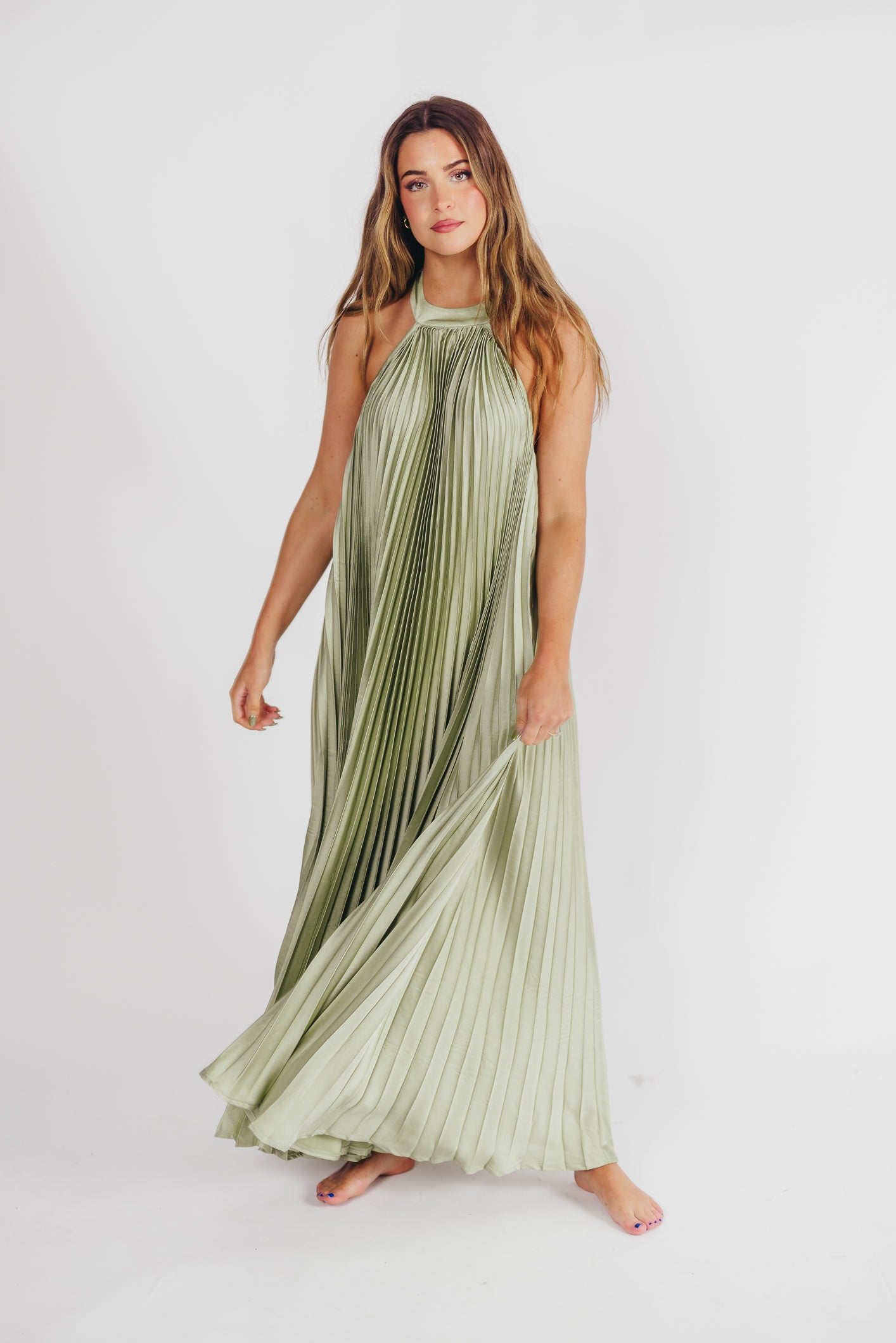 Maren Pleated Halter Maxi Dress in Sage - Bump Friendly (S-XL)