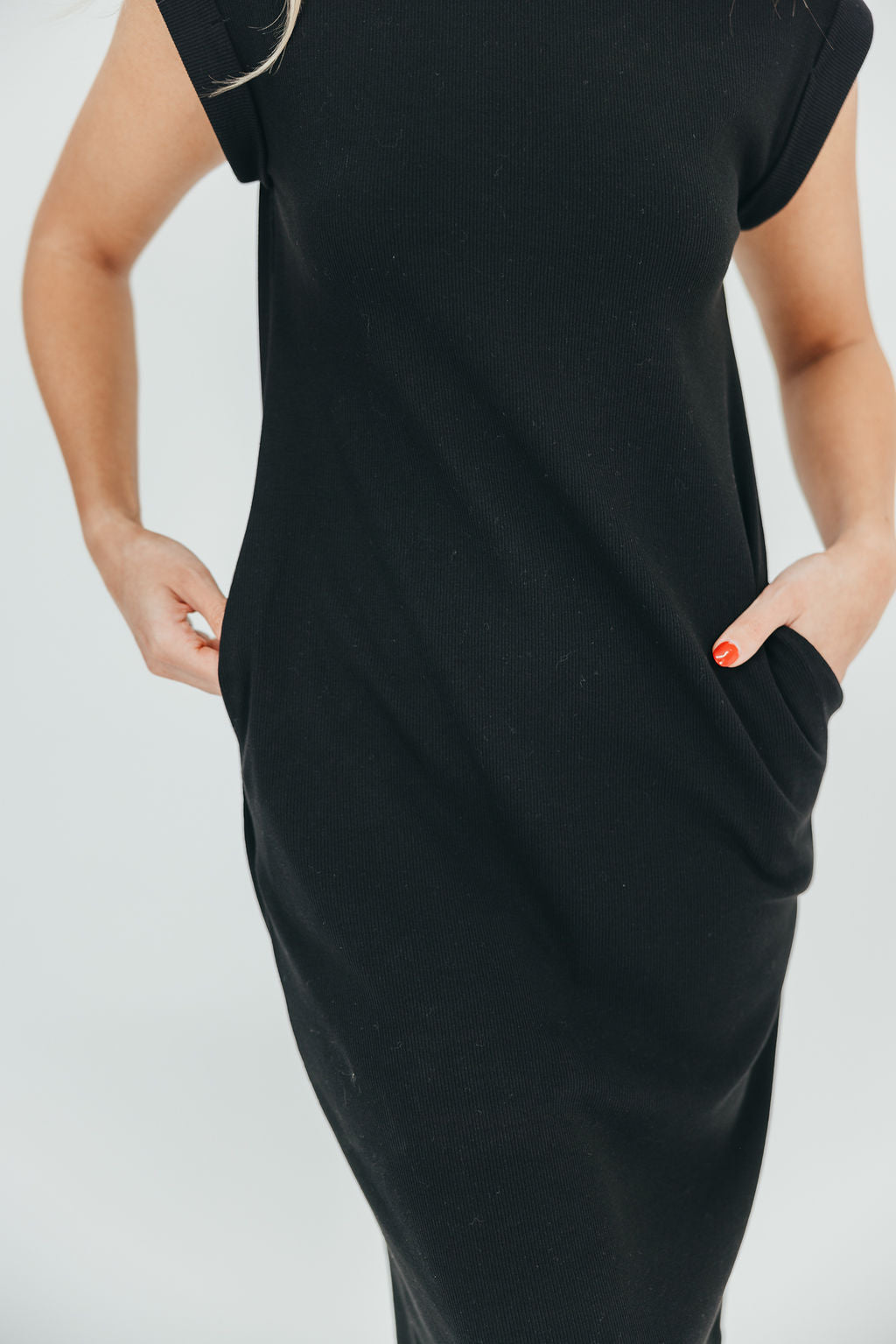 Adeline Mini Ribbed Knit Midi Dress in Black