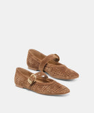 Pair of the Mikel ballet flats in cocoa brown perforated suede with a buckled strap across the top of the foot