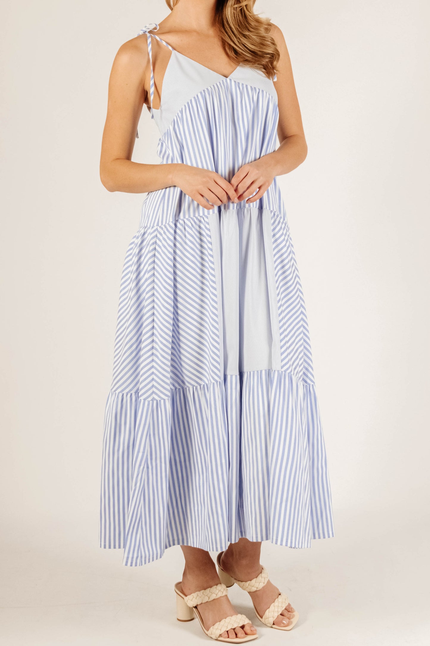 Teri Tiered Maxi Dress with Tie Straps in Sky Blue Stripe